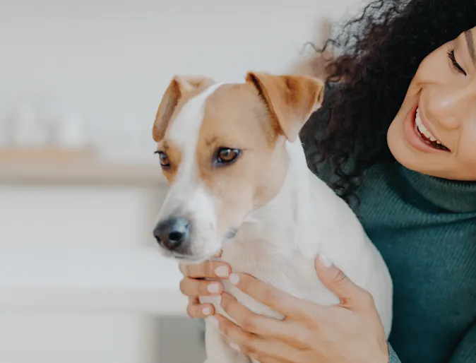 Woman looking at dog holding up Woman looking at dog holding up