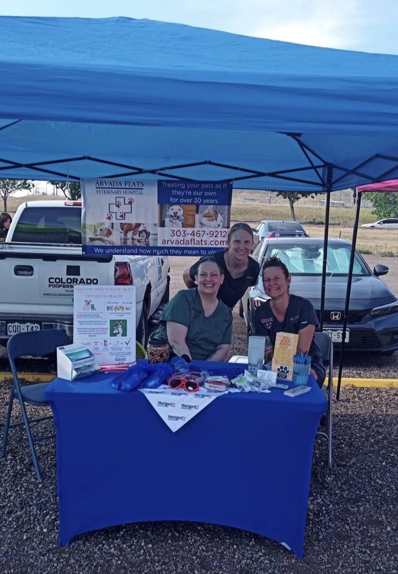Three team members behind the Arvada flats veterinary hospital event information table