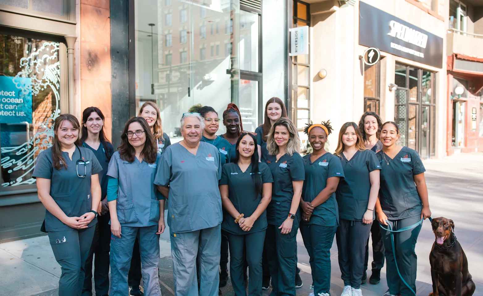 A team of veterinary professionals standing together on the sidewalk in a city with a large dog to the side A team of veterinary professionals standing together on the sidewalk in a city with a large dog to the side