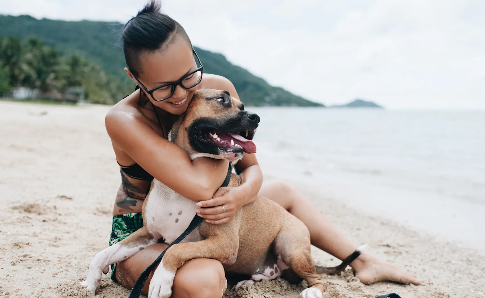 Woman Hugging Dog on Beach Woman Hugging Dog on Beach