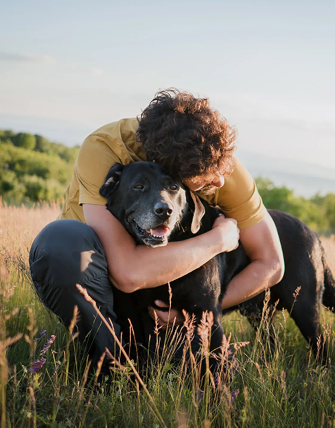 A man holding hugging his dog outside in a field A man holding hugging his dog outside in a field