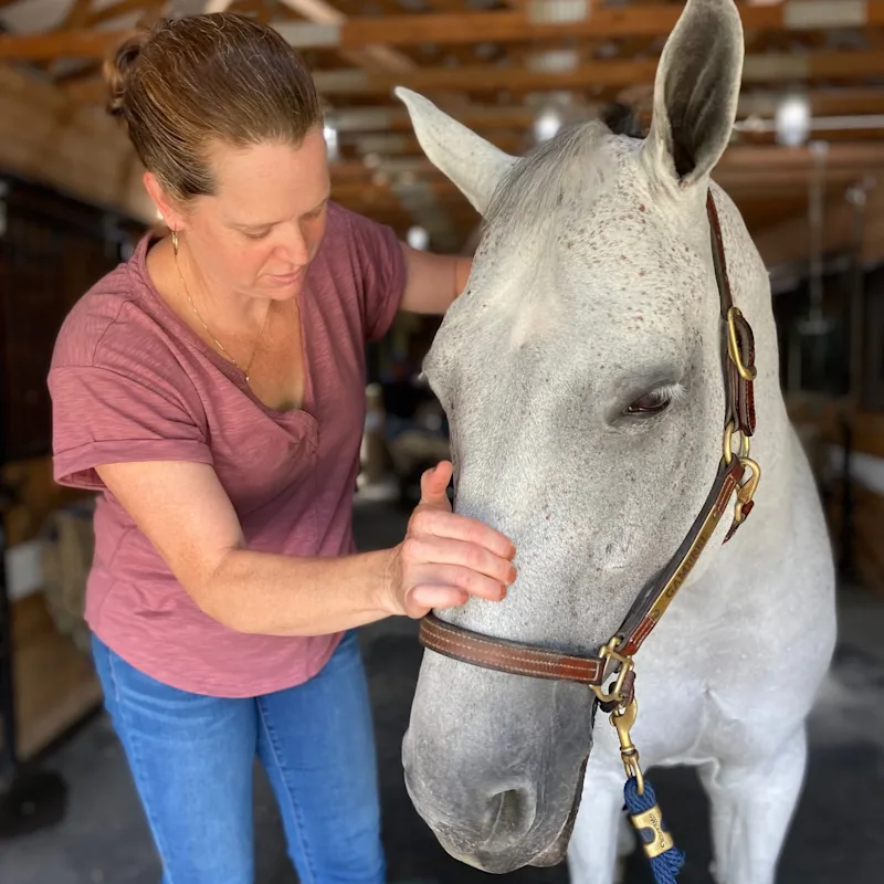 Photo of Jen King with a white horse Photo of Jen King with a white horse