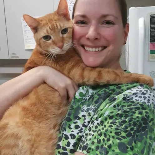 Staff member with orange cat