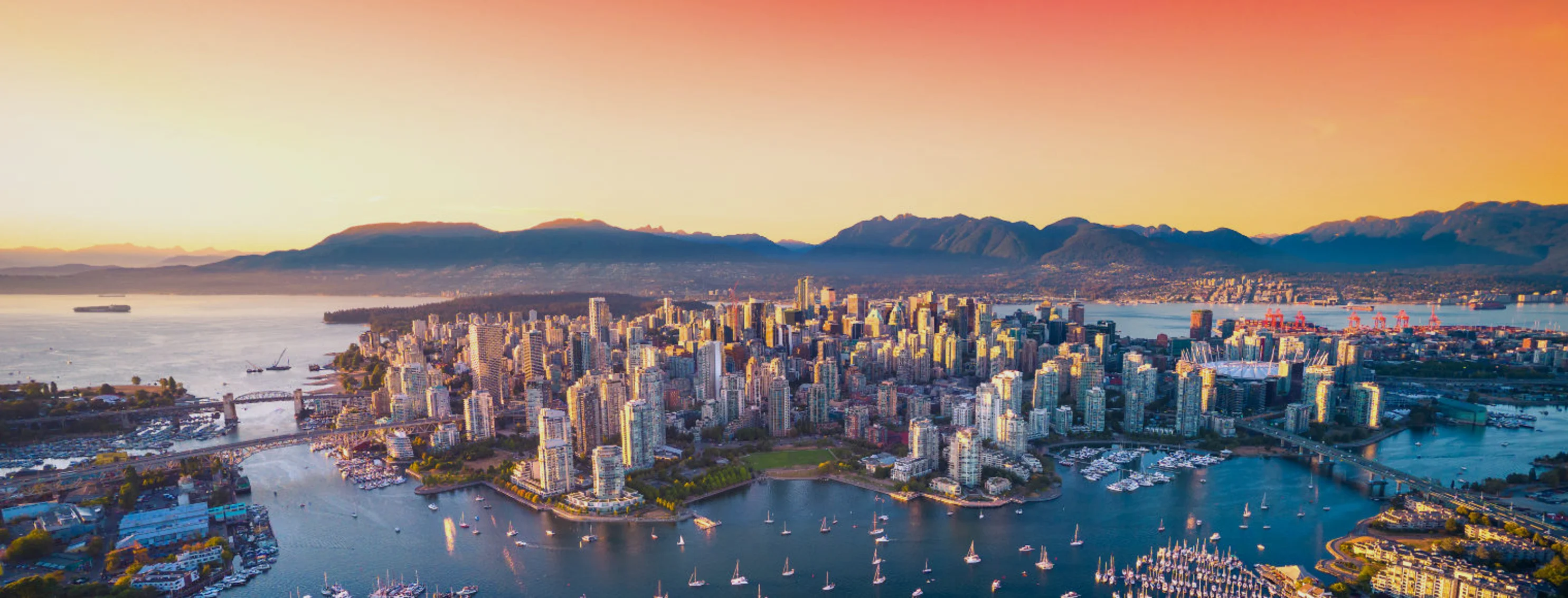 Beautiful aerial view of downtown Vancouver skyline, British Columbia, Canada at sunset