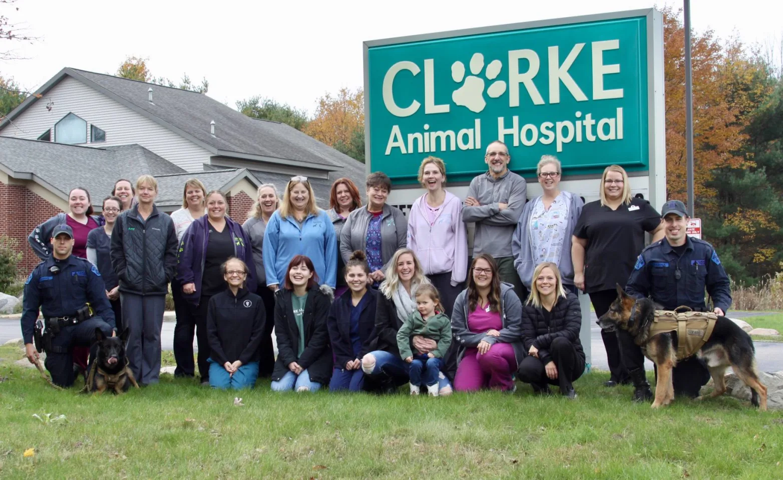 Group photo of veterinary staff outside of Clarke Animal Hospital Group photo of veterinary staff outside of Clarke Animal Hospital