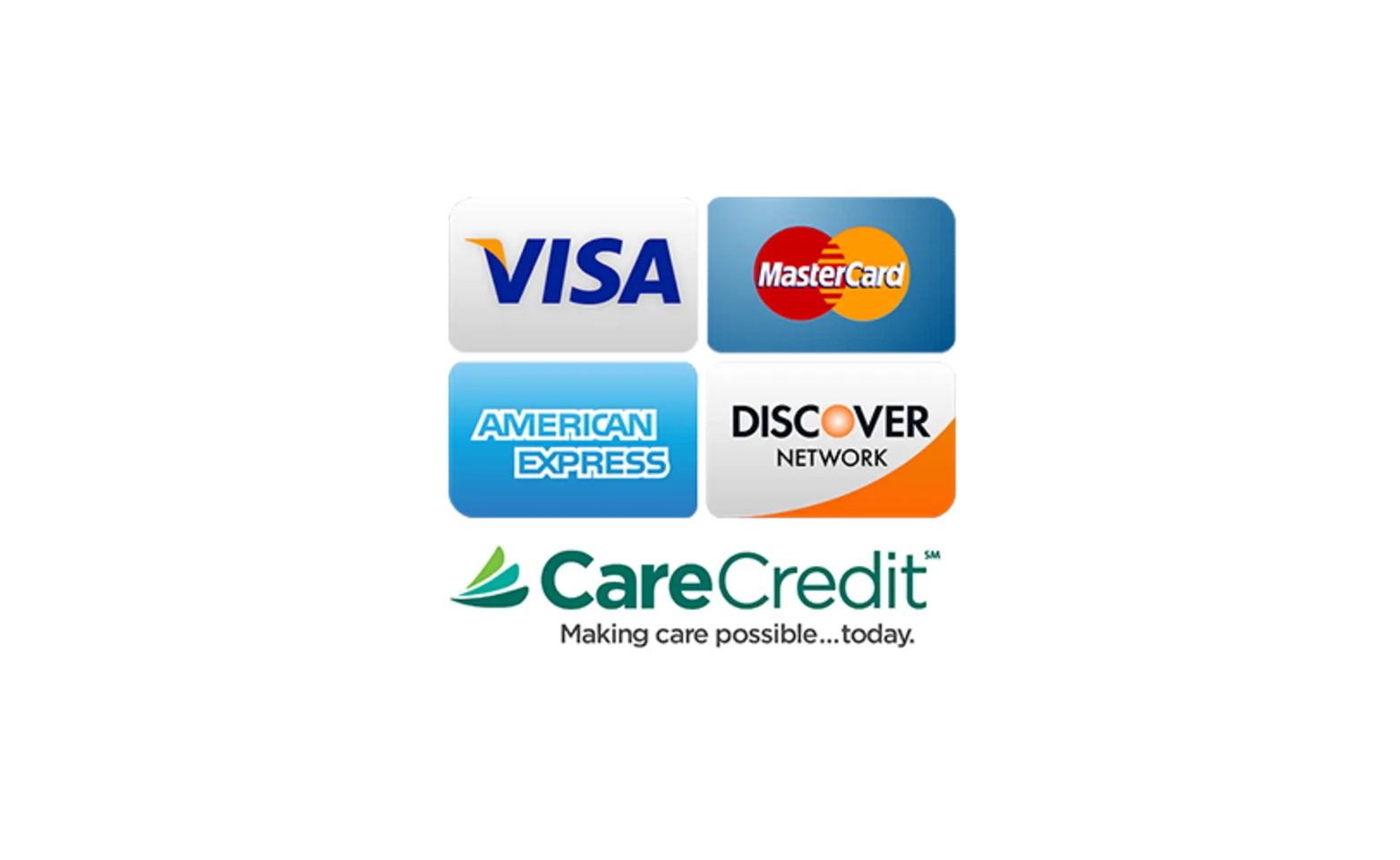 Logos of Visa, Mastercard, American Express, Discover Network, and Care Credit