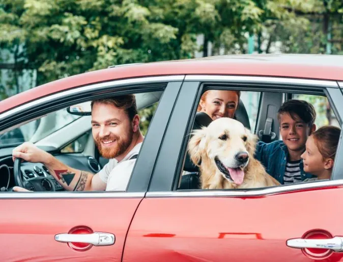Family in car with a dog