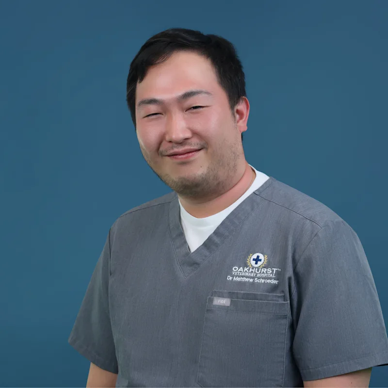 Dr. Matthew Schroeder posing with a dog Dr. Matthew Schroeder posing with a dog