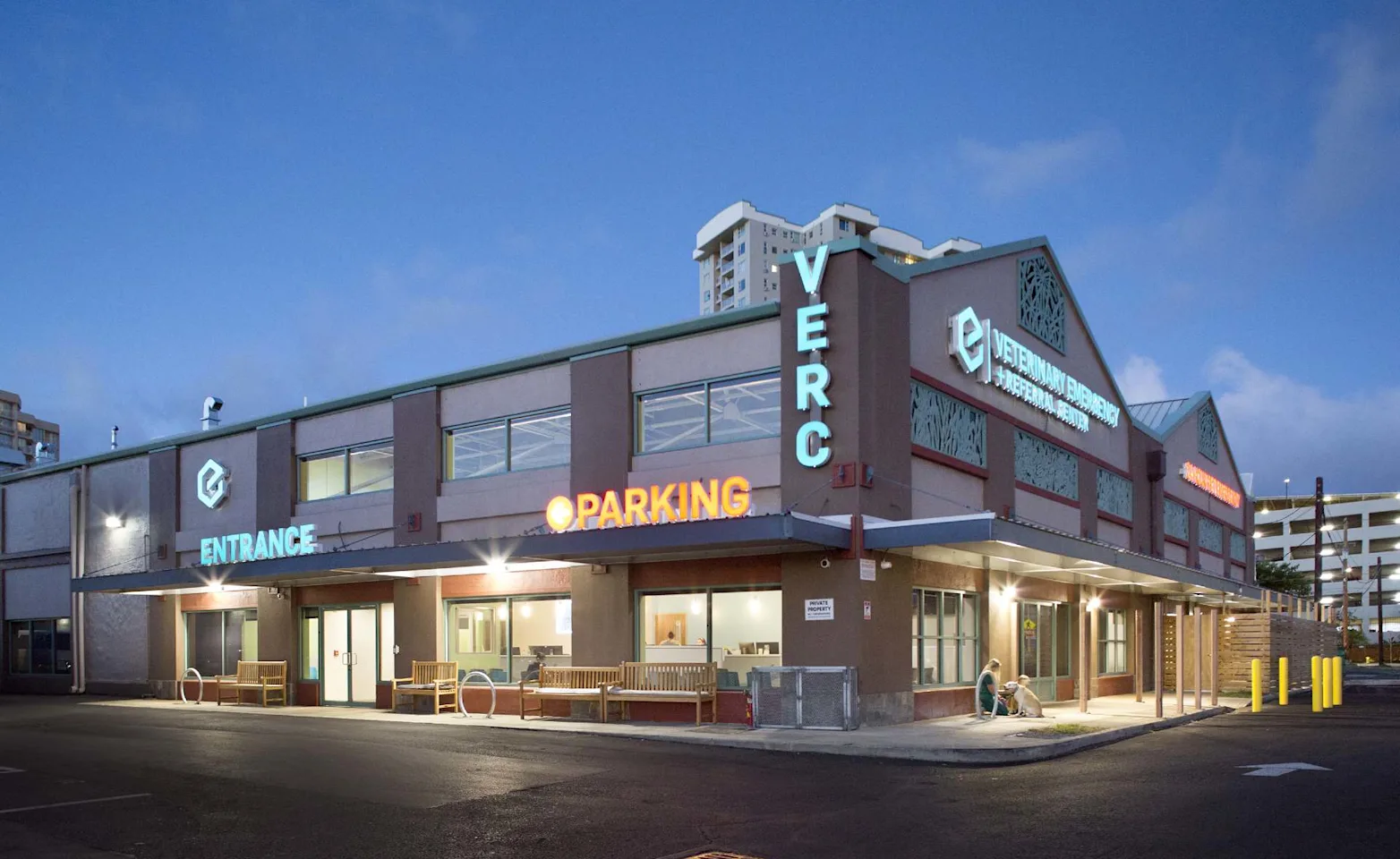 Exterior view of VERC's building at night. Exterior view of VERC's building at night.