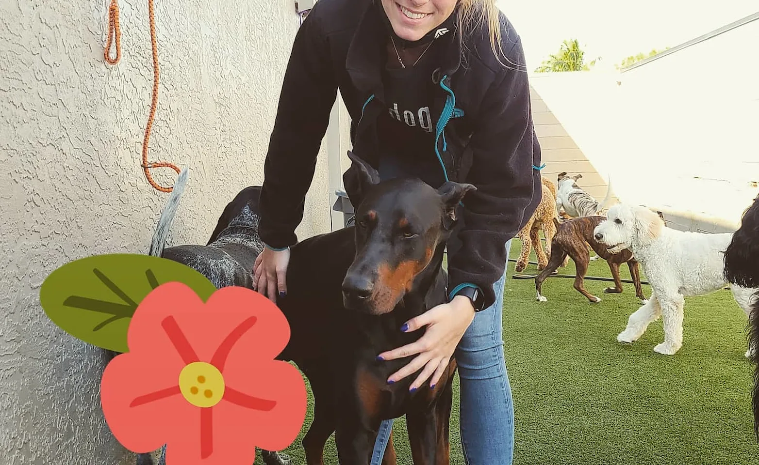 Lady hugging a black dog 