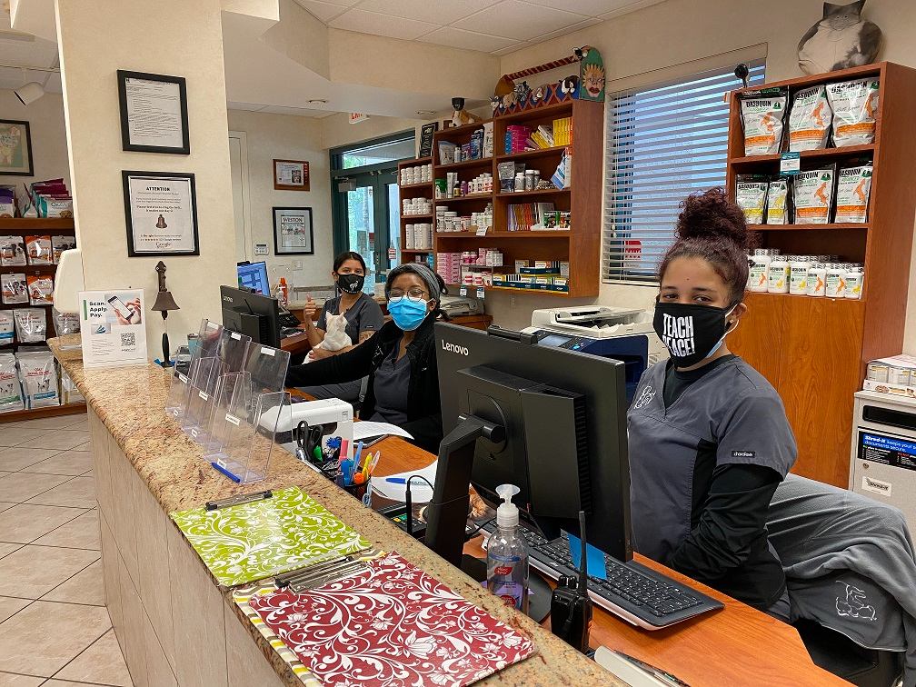 Staff at the front check out desk.