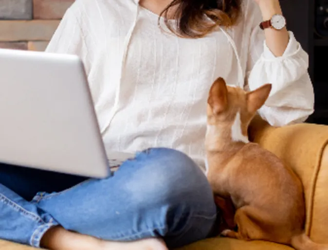 A person sitting on a couch with their laptop and small dog