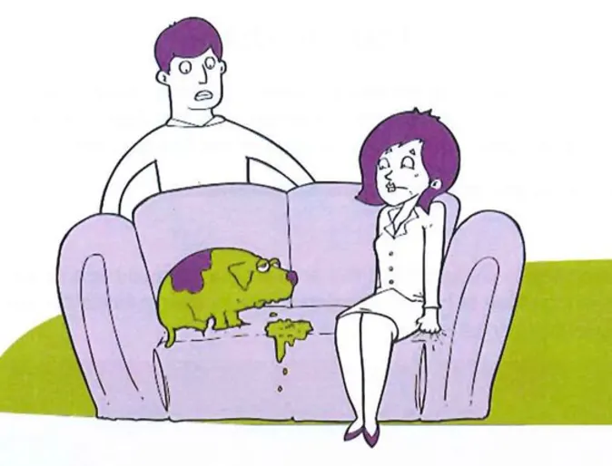 Sick Cartoon Dog has vomitted on his owner's couch.  The dog's Human Male and Female are next to the dog on the couch looking worried.
