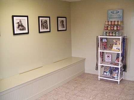Highway 92 Animal Hospital's waiting room for dogs with veterinary products for purchase