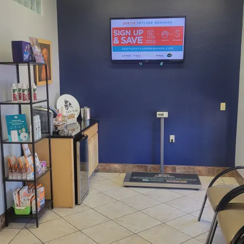 The lobby at Pinnacle Peak Animal Hospital displaying a scale, along with coffee and water bar, and waiting area seats