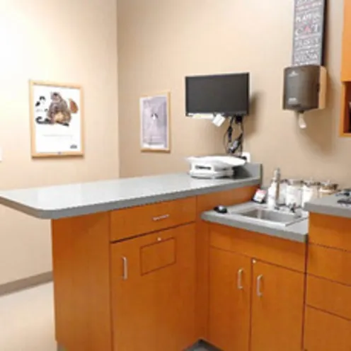 Valley Animal Hospital examination room with exam table and sink area Valley Animal Hospital examination room with exam table and sink area