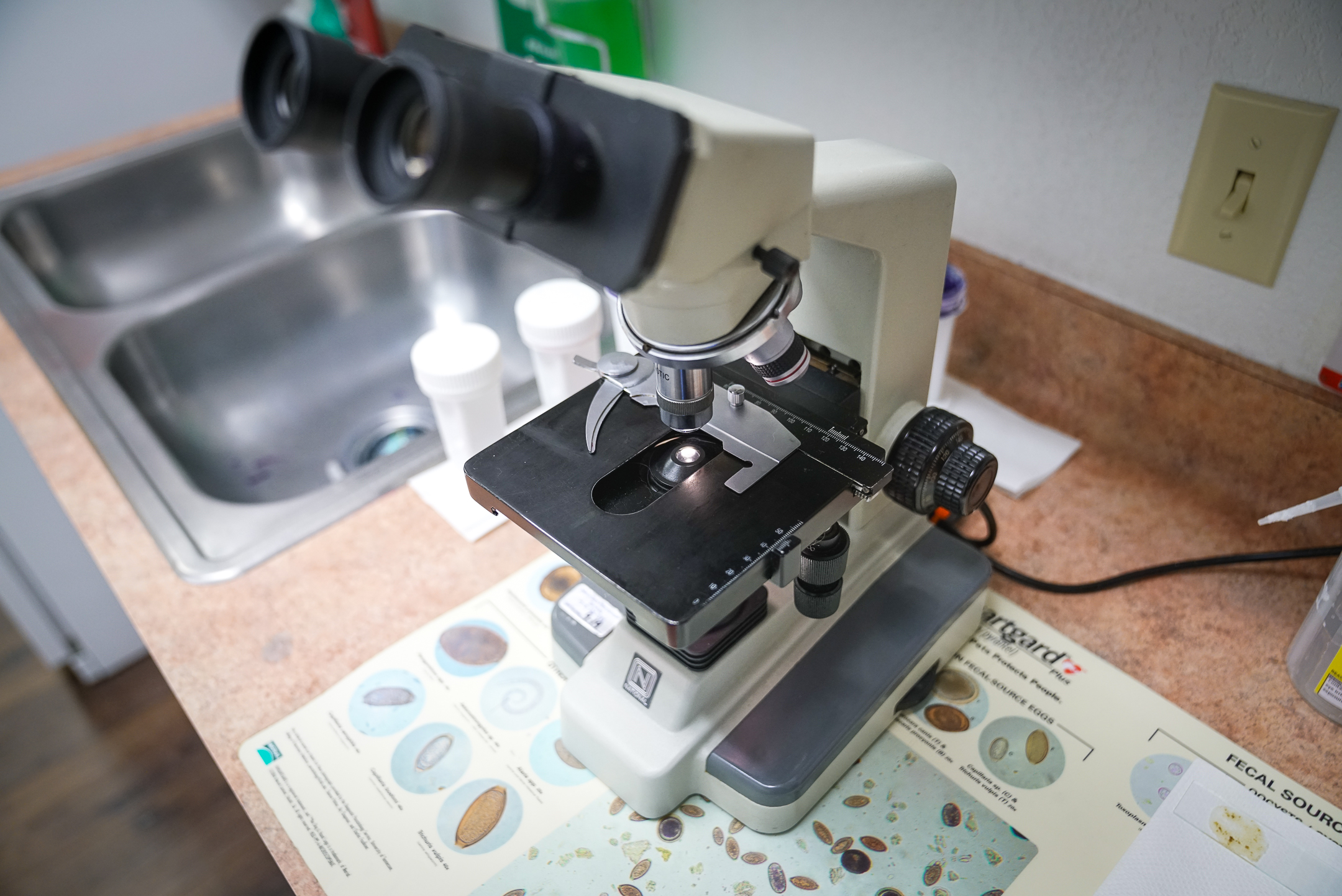 close-up shot of a microscope next to a sink