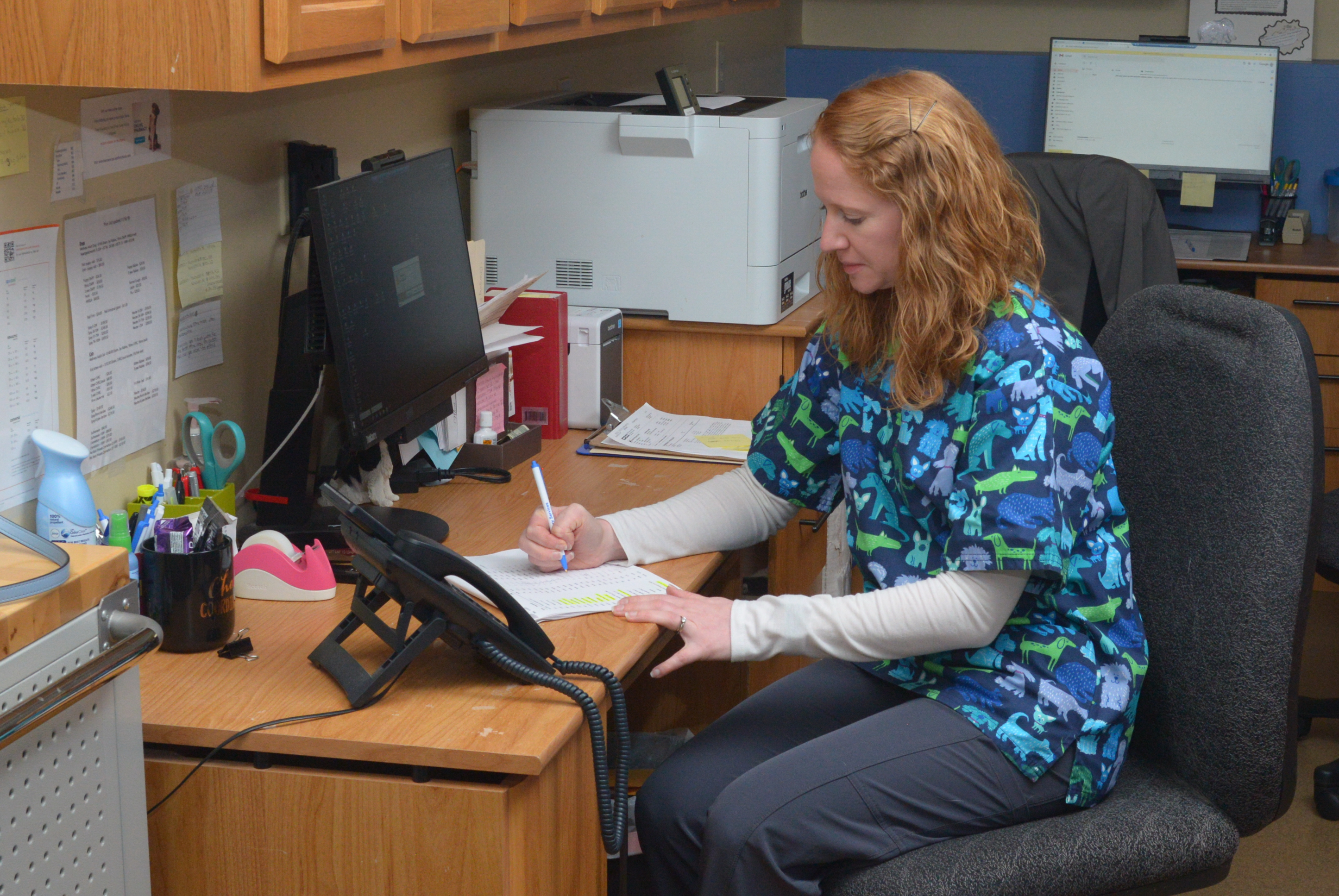 Veterinary staff sitting at desk writing on a chart 