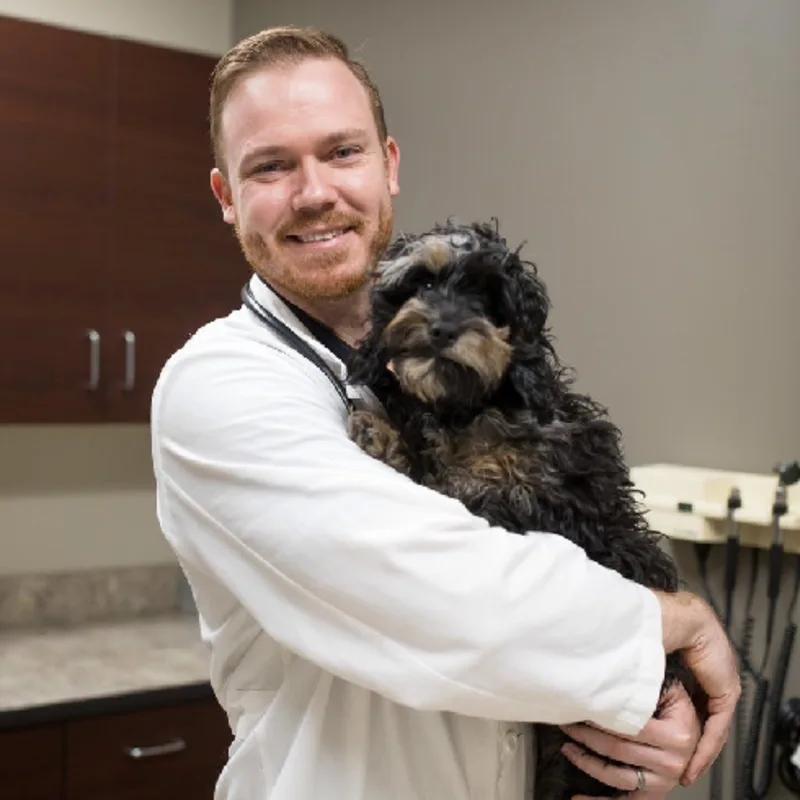 A veterinarian posing with a black dog A veterinarian posing with a black dog