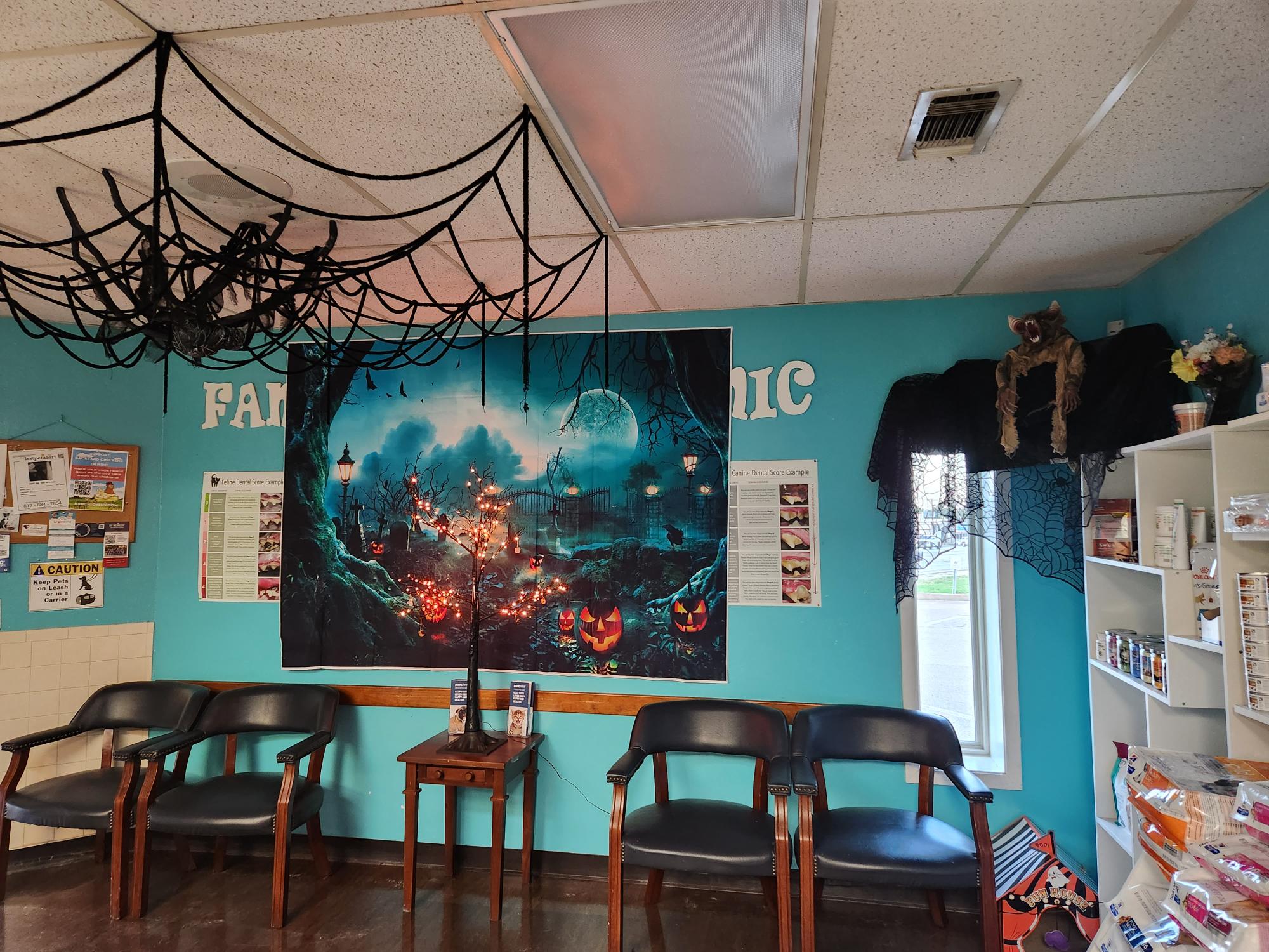 Reception area decorated for Halloween