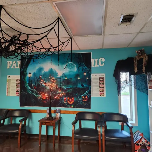 Reception area decorated for Halloween