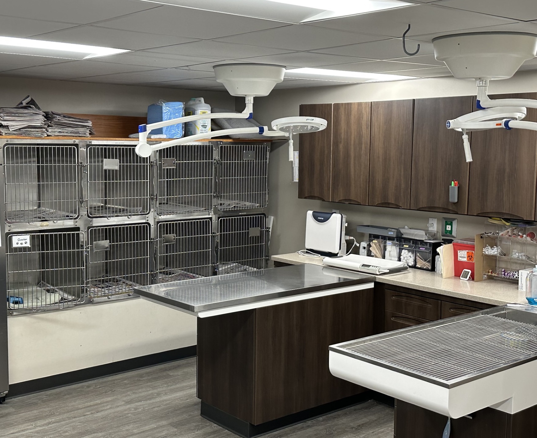 Exam room with 2 tables and a wall of cages