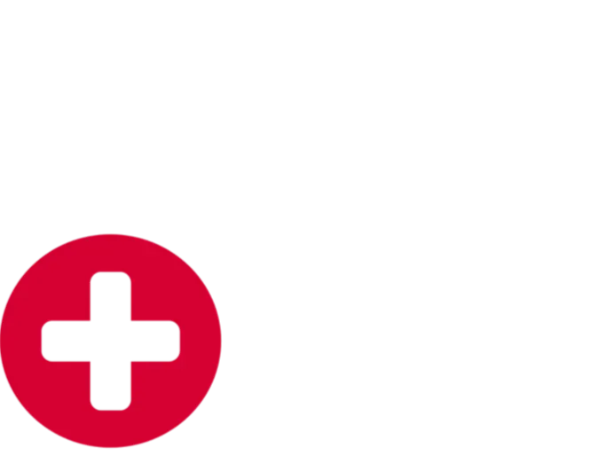 White plus sign against a red background. White plus sign against a red background.