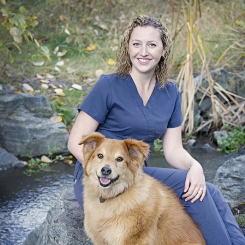 Dr. Cassie Henry sitting on a rock with an orange dog in front Dr. Cassie Henry sitting on a rock with an orange dog in front