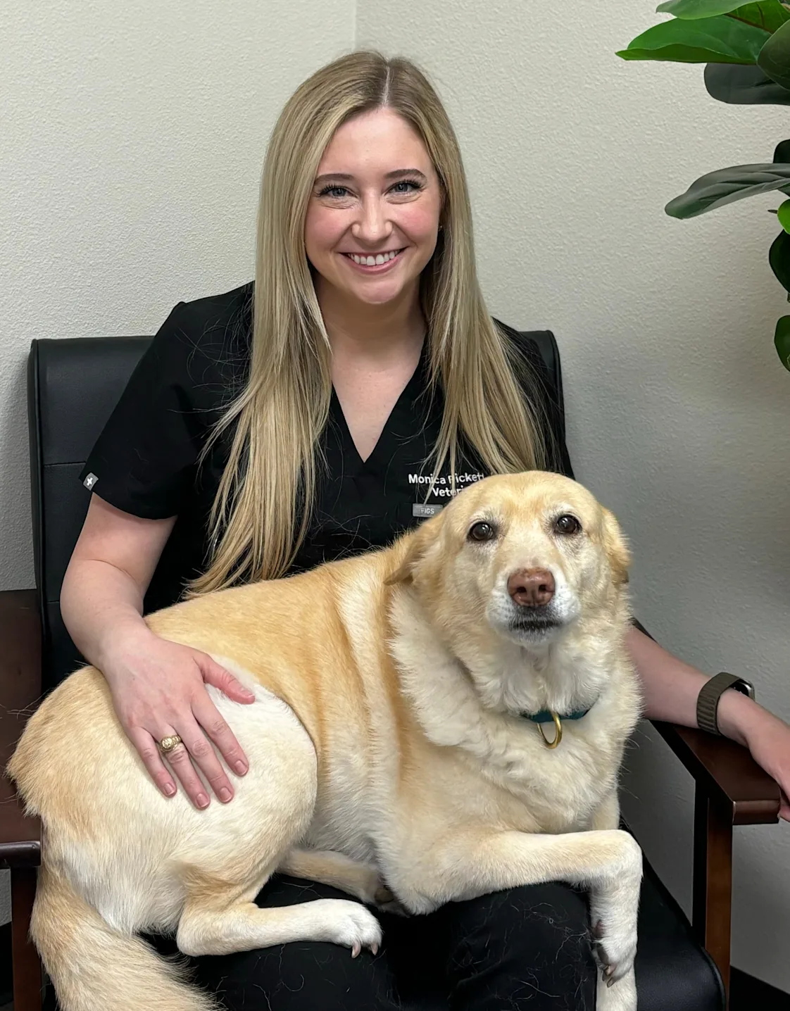 Monica Pickett with large dog from Hill Country Animal Hospital Monica Pickett with large dog from Hill Country Animal Hospital