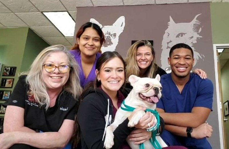 Staff Smiling and Holding a Dog In Front Lobby
