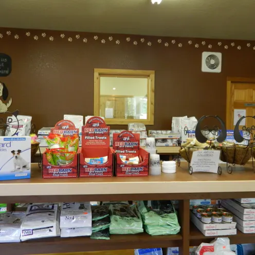 An assortment of dog food available at All Creatures Veterinary Clinic
