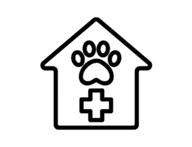 House with Paw Print & Medical Cross Symbol Line Art Icon House with Paw Print & Medical Cross Symbol Line Art Icon
