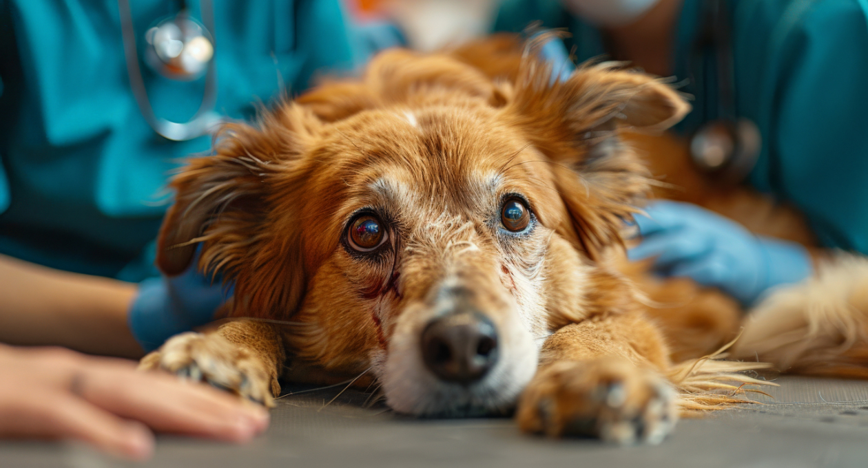 Brown Dog Laying on Exam Table Surrounded by Veterinarians