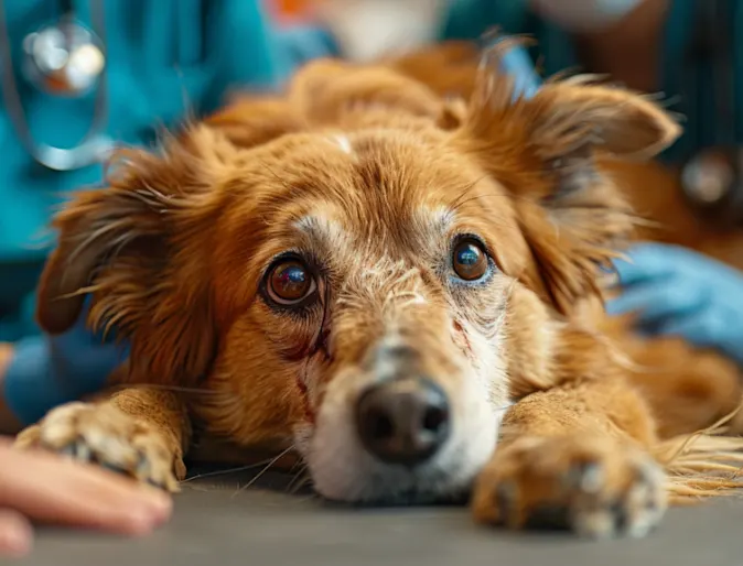 Brown Dog Laying on Exam Table Surrounded by Veterinarians Brown Dog Laying on Exam Table Surrounded by Veterinarians