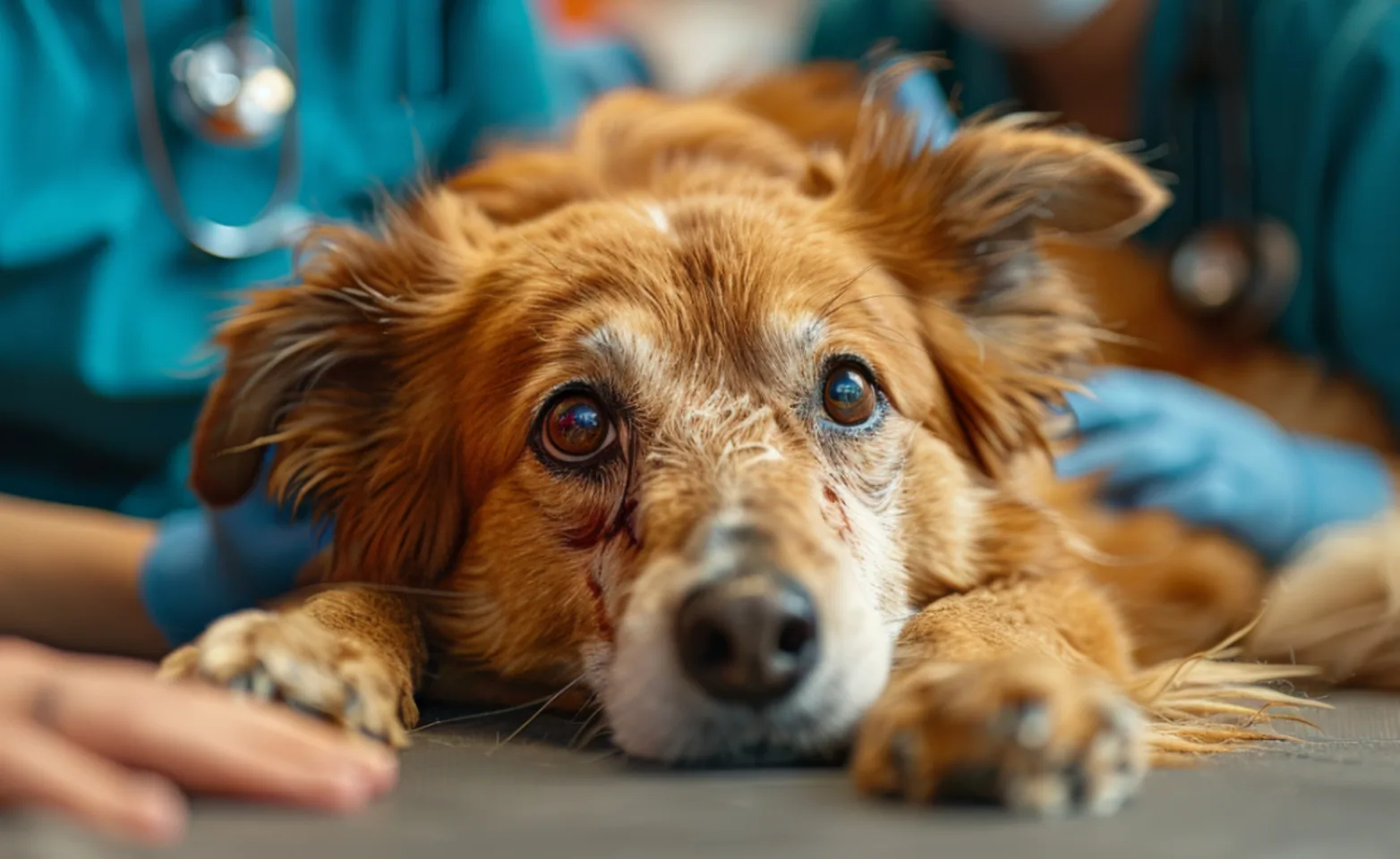 Brown Dog Laying on Exam Table Surrounded by Veterinarians Brown Dog Laying on Exam Table Surrounded by Veterinarians