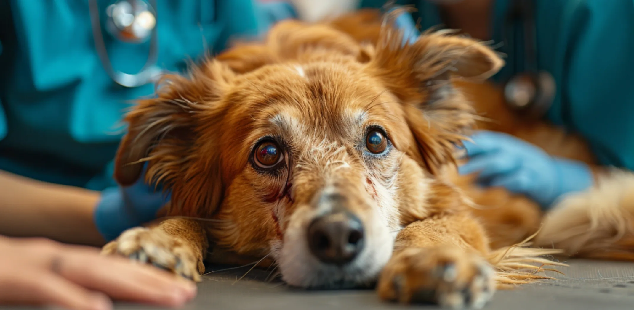 Brown Dog Laying on Exam Table Surrounded by Veterinarians Brown Dog Laying on Exam Table Surrounded by Veterinarians