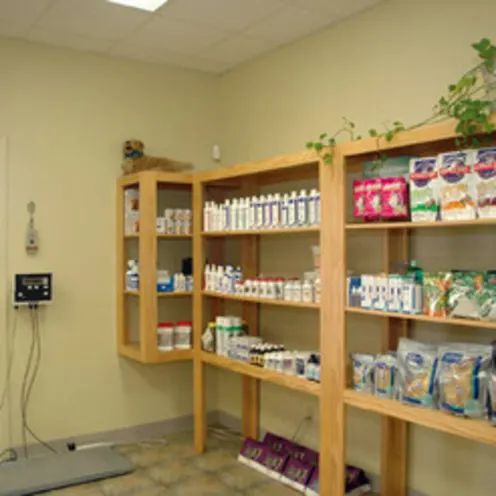Selection of pet food and medication.
