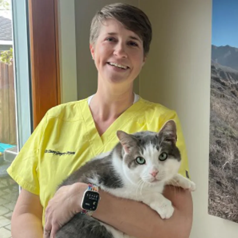 Dr. Emmalena Gregory-Bryson holding onto a large cat. Dr. Emmalena Gregory-Bryson holding onto a large cat.
