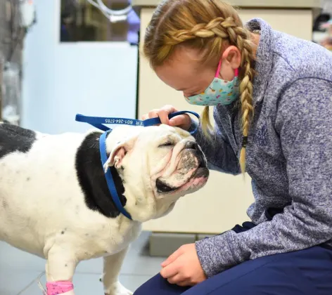 Blonde woman petting dog at Animal Medical Center of Hattiesburg.