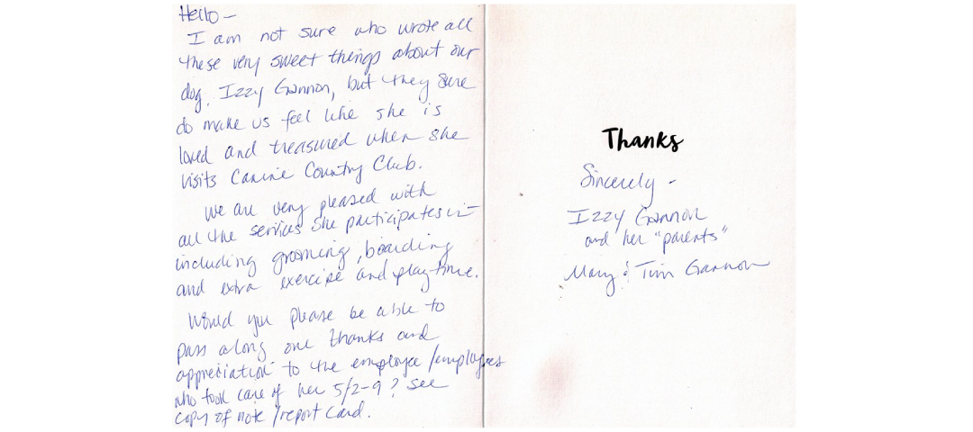 Thank you card from pet owner