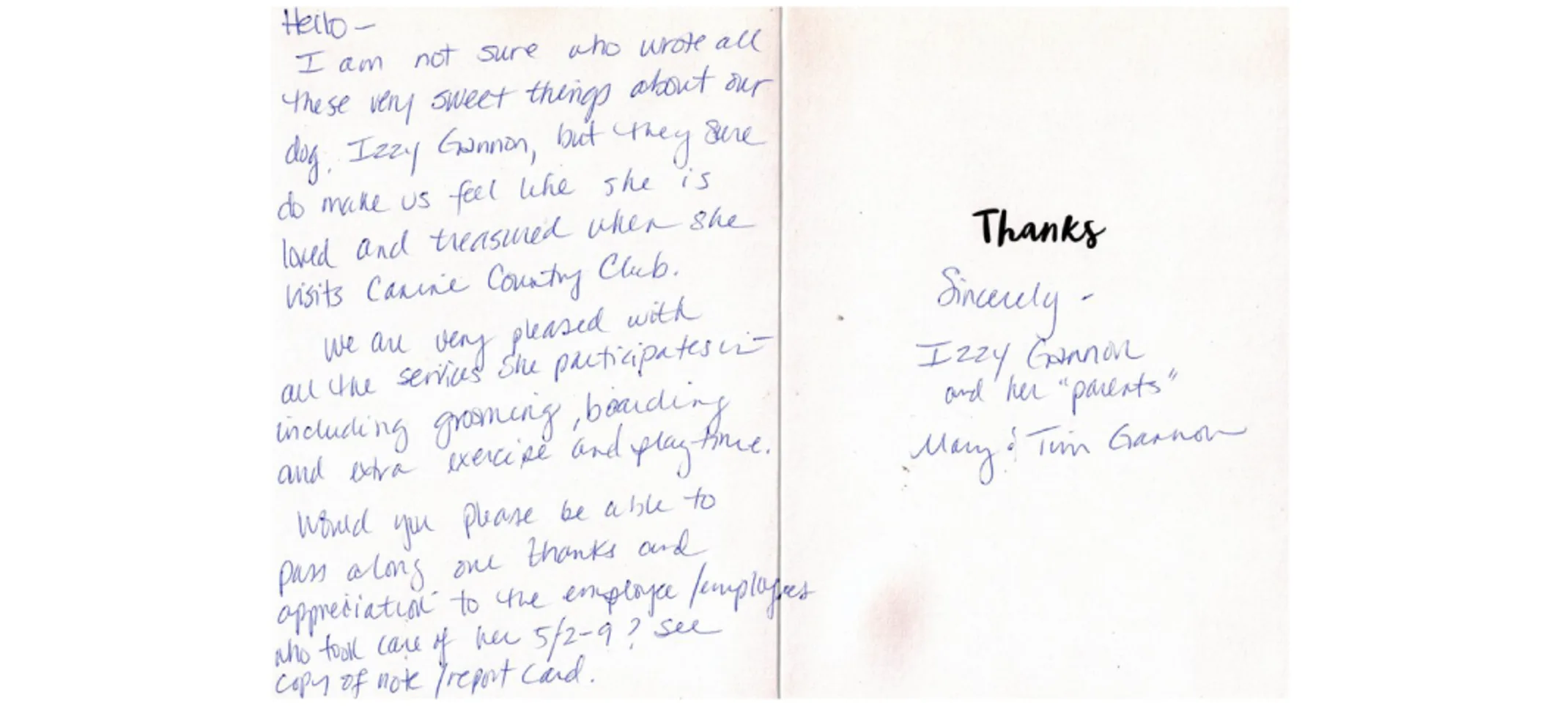 Thank you card from pet owner Thank you card from pet owner
