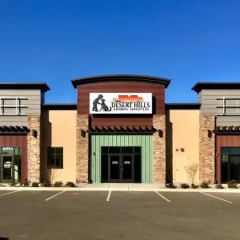 Desert Hills Animal hospital exterior image with wide shot angle and parking lot