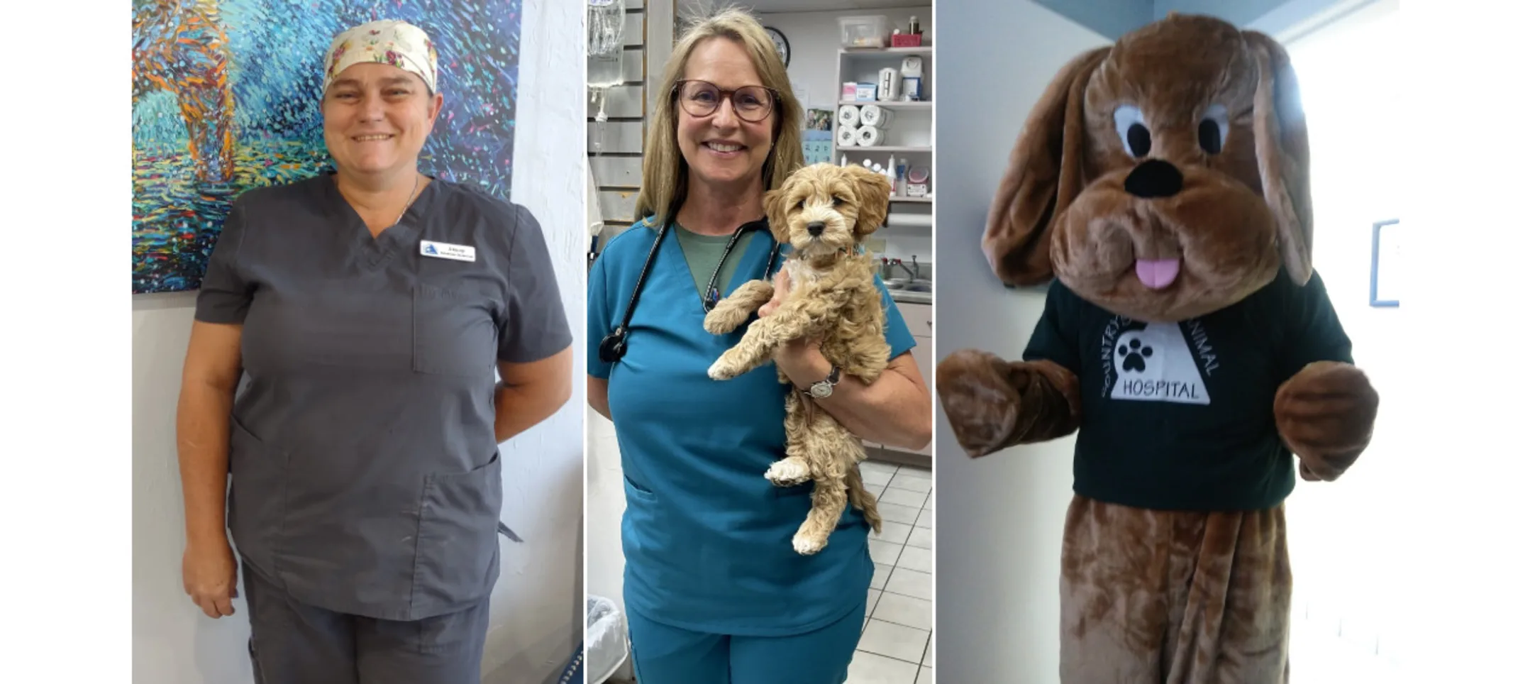 Two staff members with a dog and the hospital mascot Two staff members with a dog and the hospital mascot
