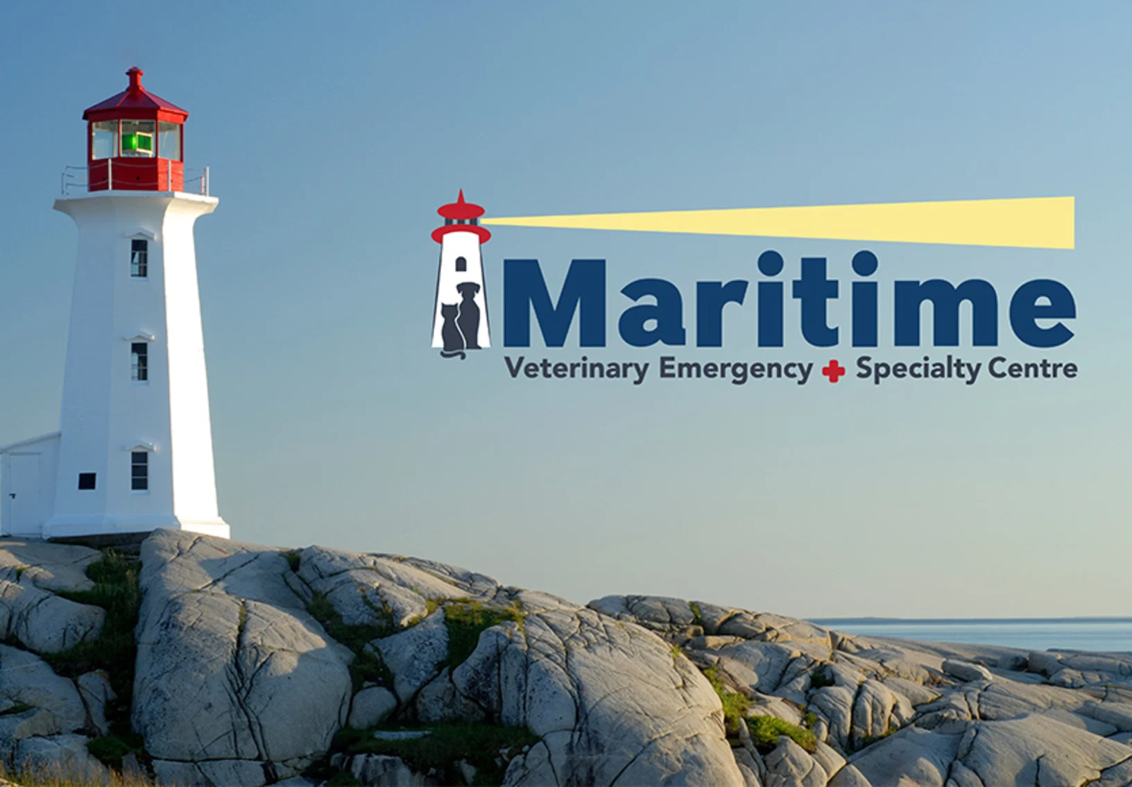 Peggy's Cove with white lighthouse with Maritime Veterinary Emergency and Specialty Centre's logo