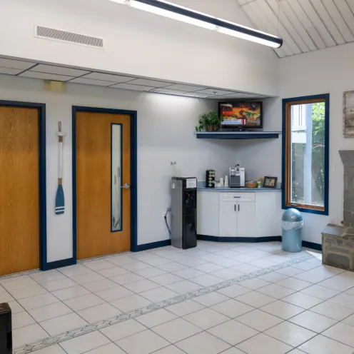 Waiting room tv area and doors