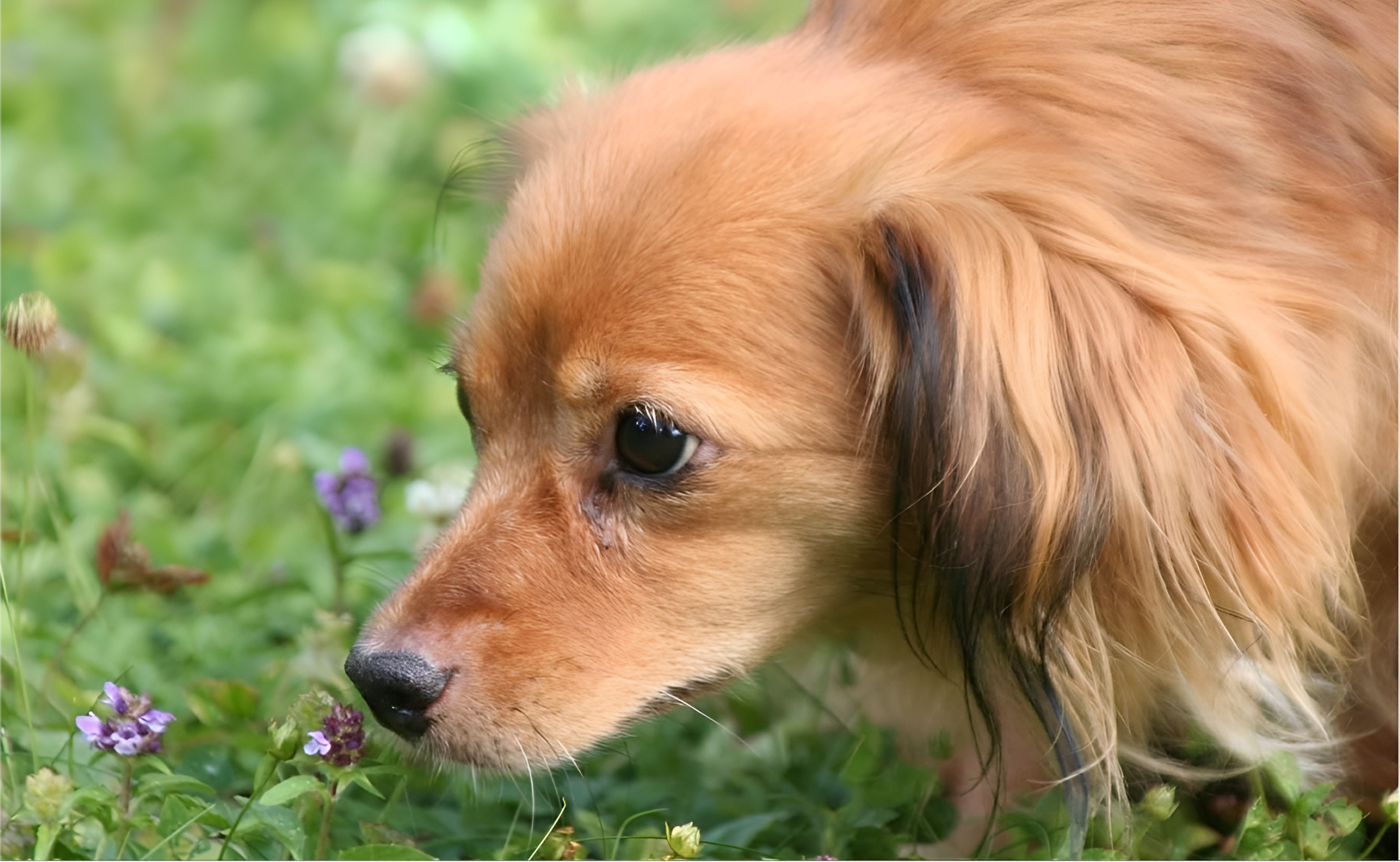 Dog with flower and grass