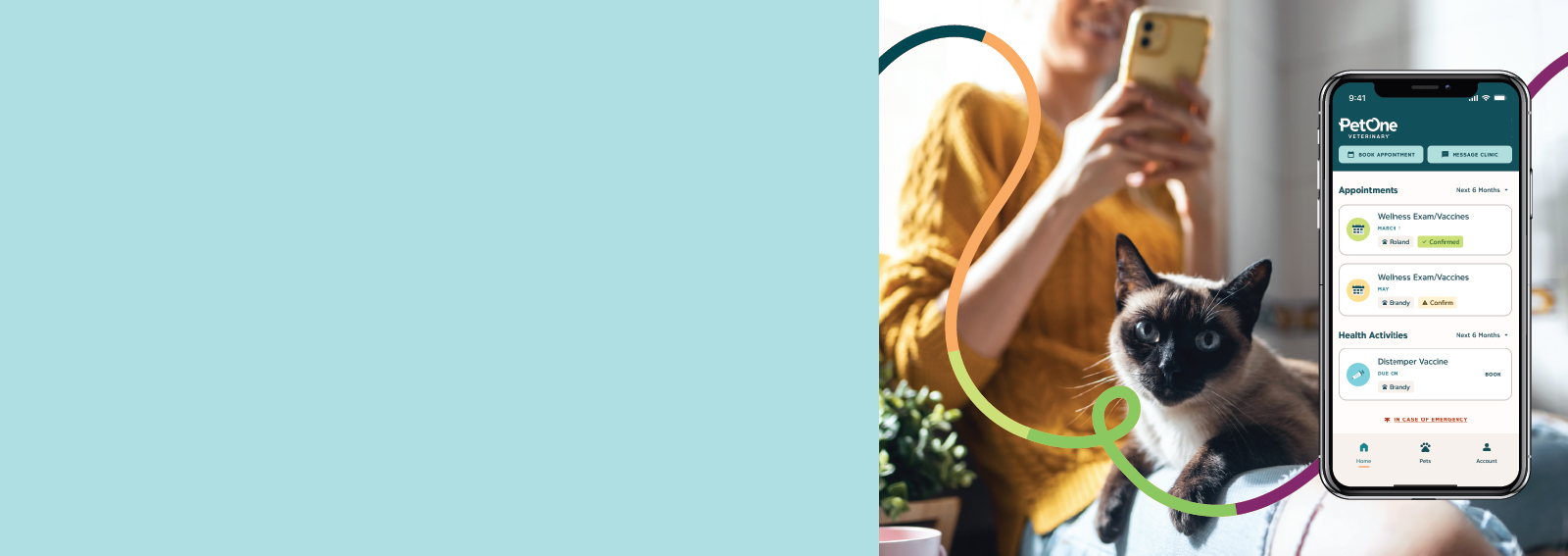 A cat looking at the camera, with the pet parent behind in the background. A screenshot of the PetOne Veterinary App is visible.