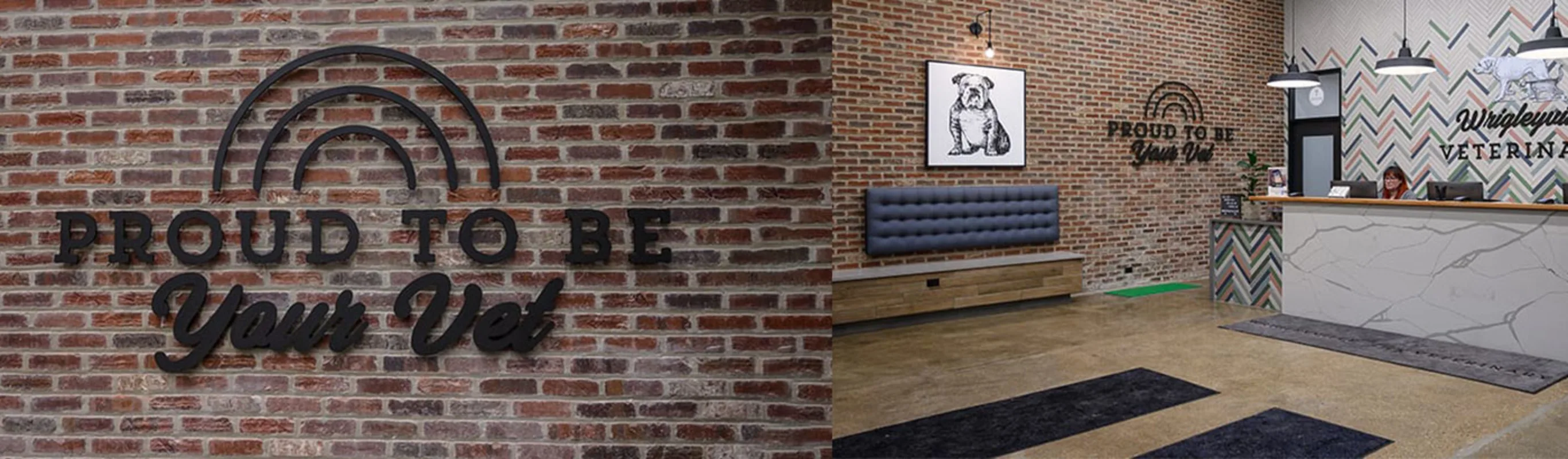Two images split in half: left side is Proud to be your pet phrase with a rainbow, right side is the front desk Two images split in half: left side is Proud to be your pet phrase with a rainbow, right side is the front desk