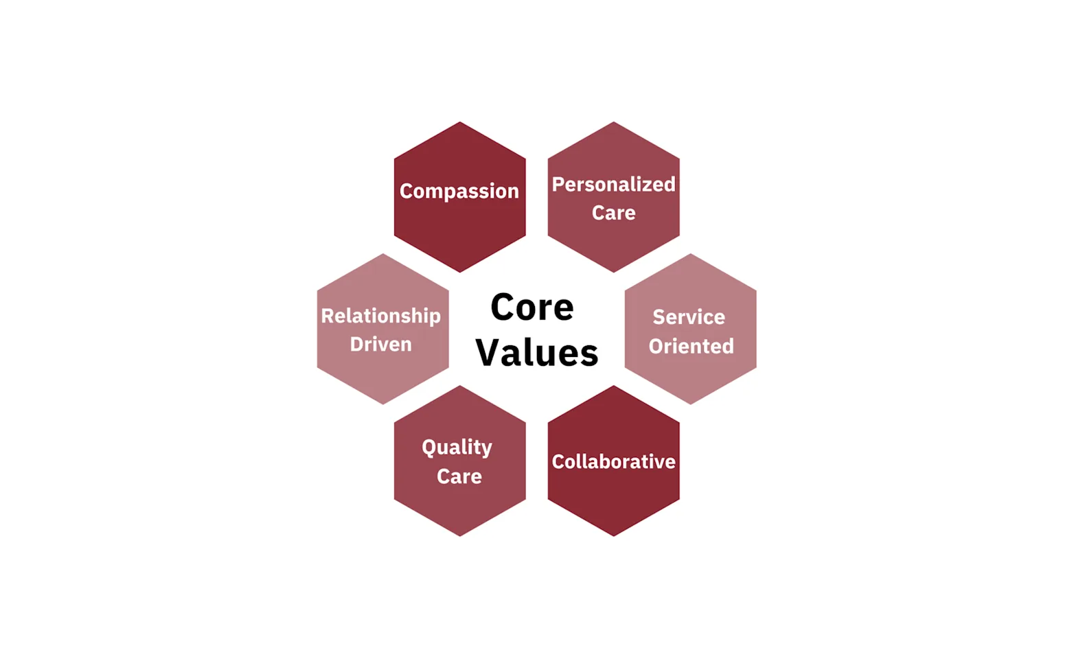 Chart listing the core values of Kings Veterinary Hospital, which includes Compassion, Personalized Care, Collaborative, Quality Care, Service Oriented, and Relationship Driven Chart listing the core values of Kings Veterinary Hospital, which includes Compassion, Personalized Care, Collaborative, Quality Care, Service Oriented, and Relationship Driven