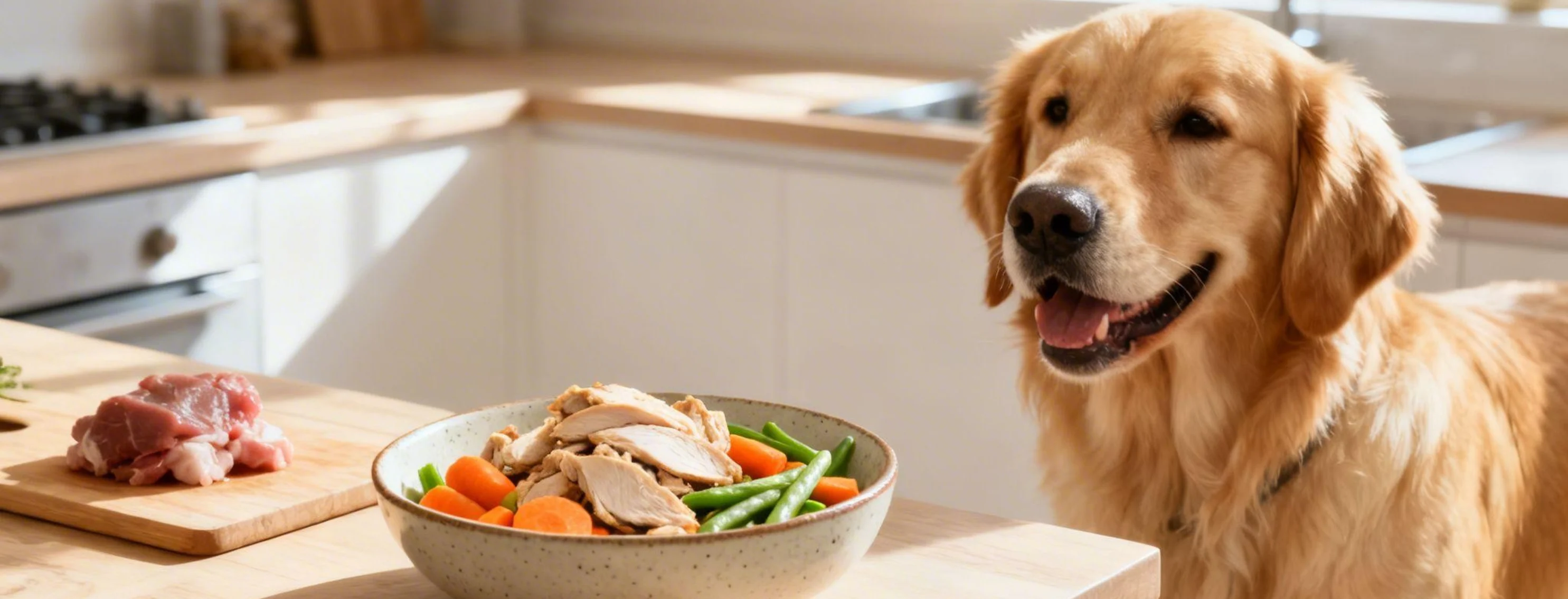 Golden Retriever staring at a bowl of food on a counter. Golden Retriever staring at a bowl of food on a counter.